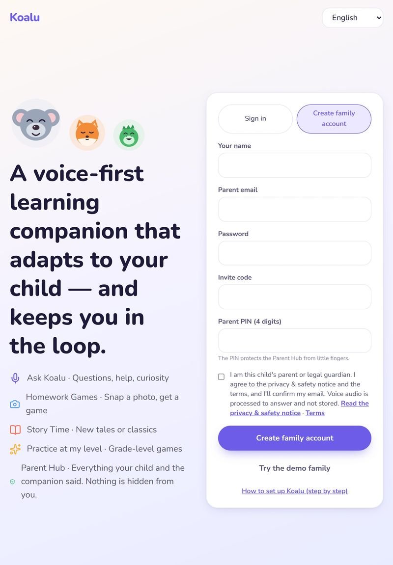 Koalu parent sign-up screen