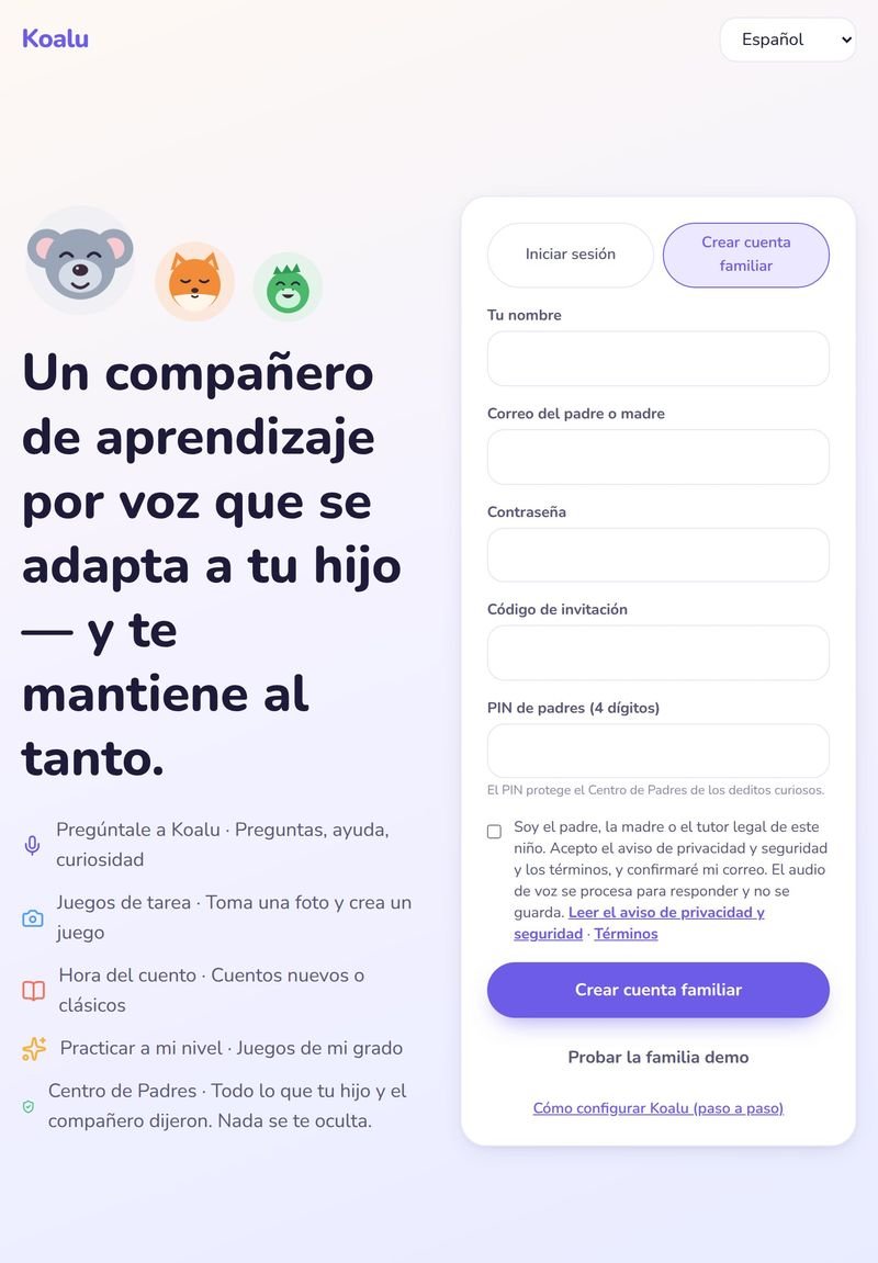 Pantalla de registro para padres de Koalu