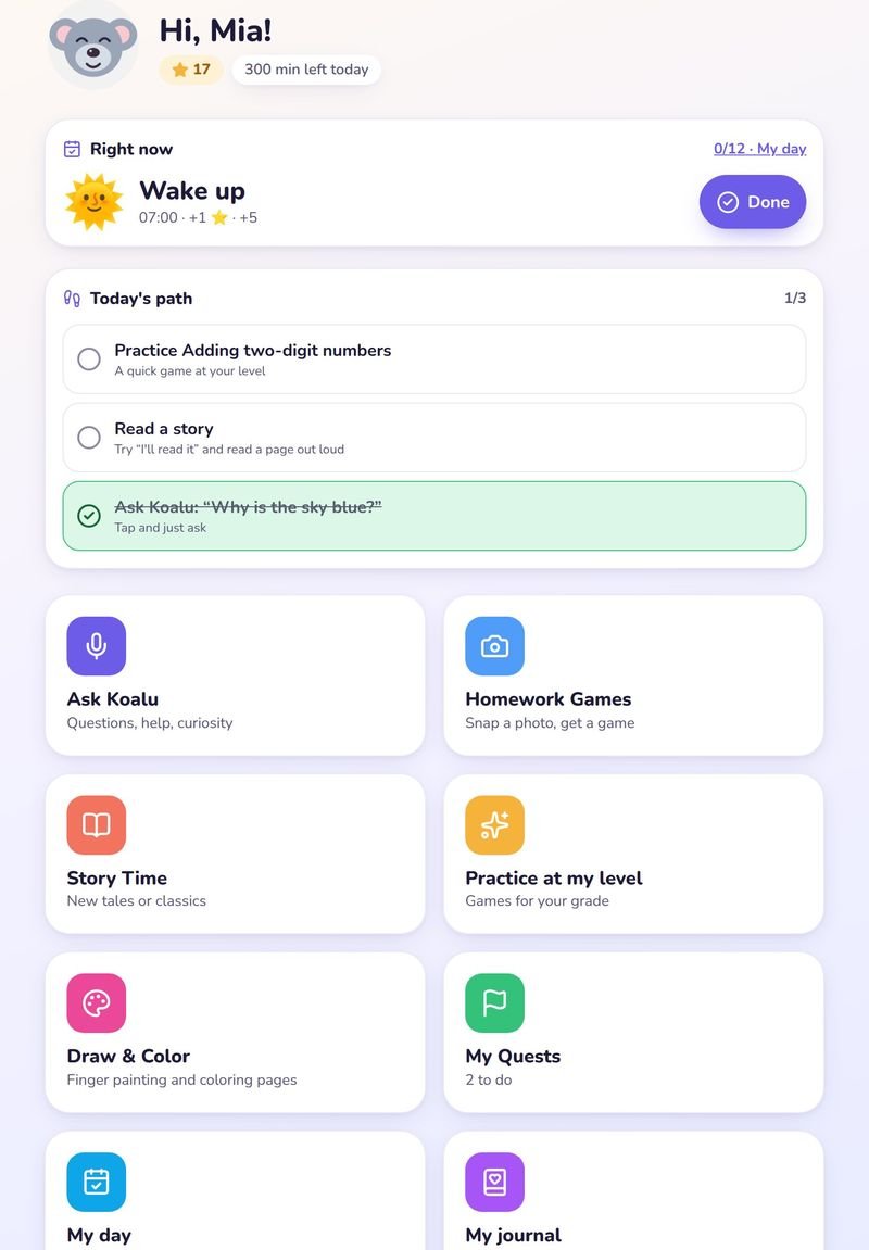 The child's Koalu home screen