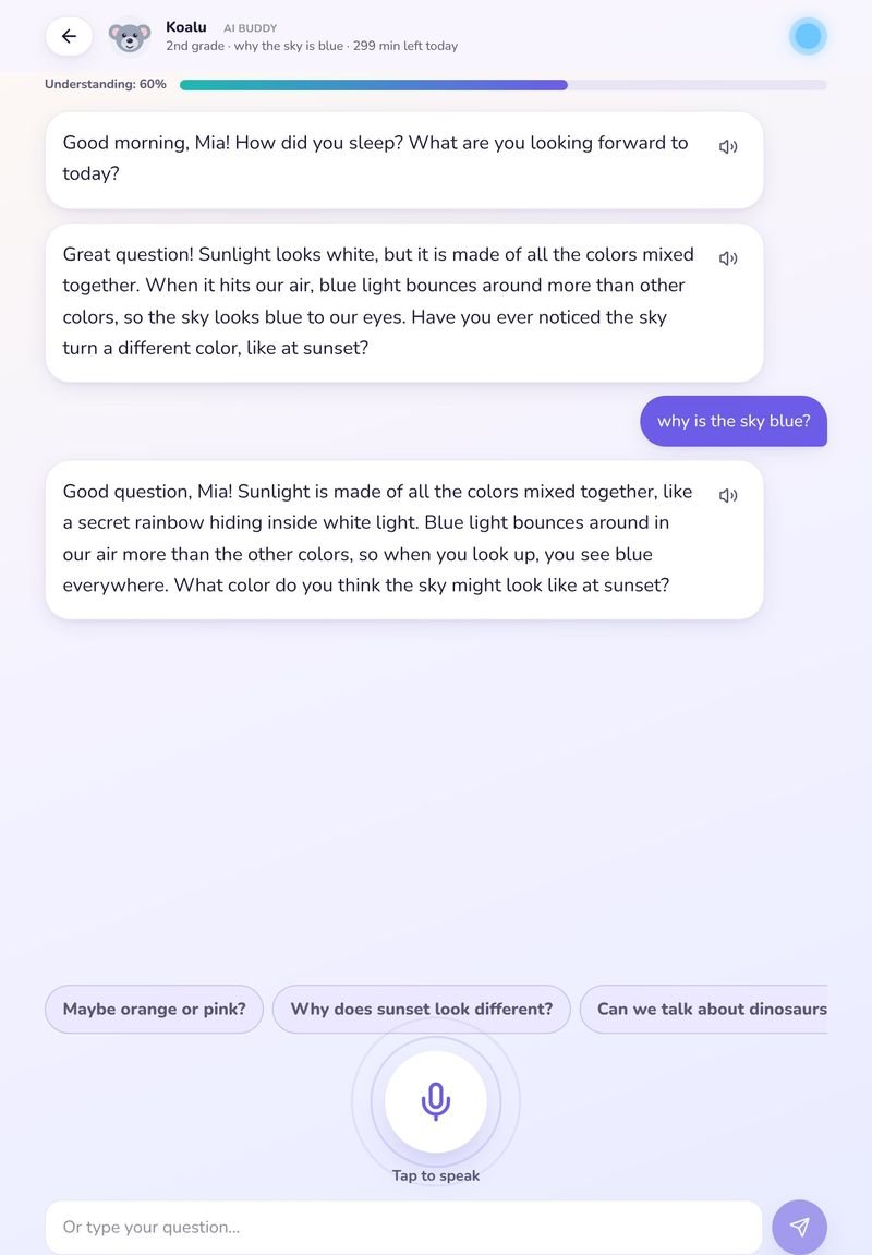 Koalu chat answering why the sky is blue, with follow-up questions