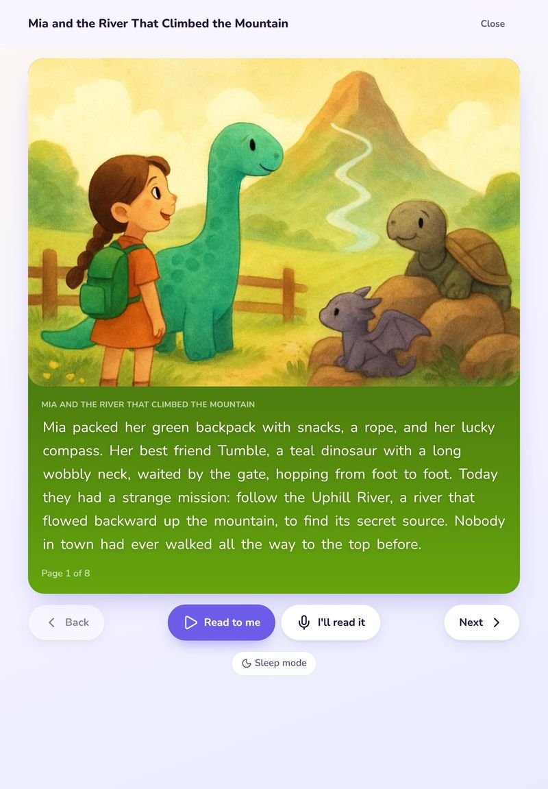 An illustrated story page with Read to me and I'll read it buttons