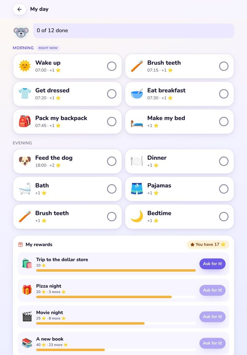 The child's routine check-offs and star rewards