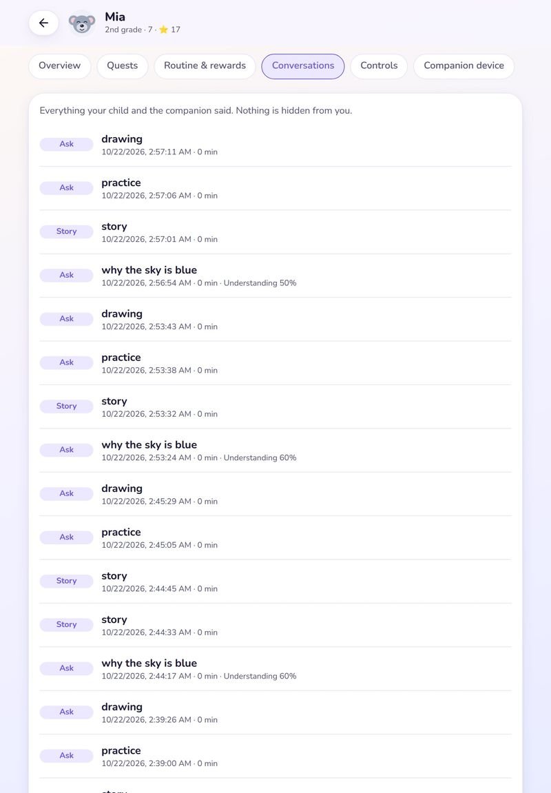 Parent Hub list of every conversation