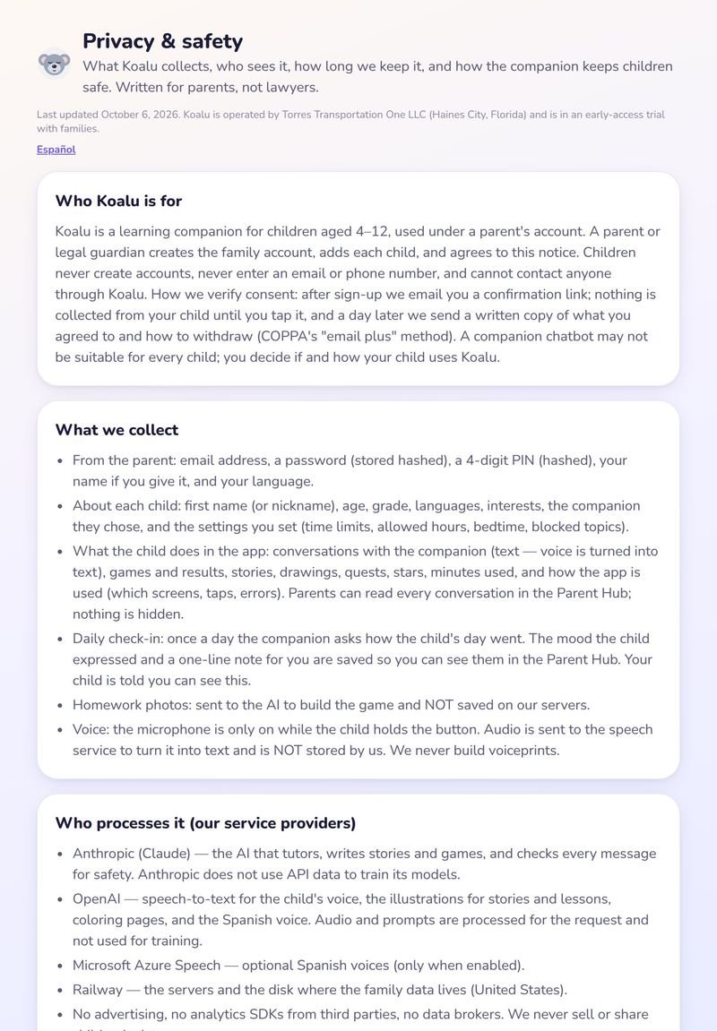 The Koalu privacy notice